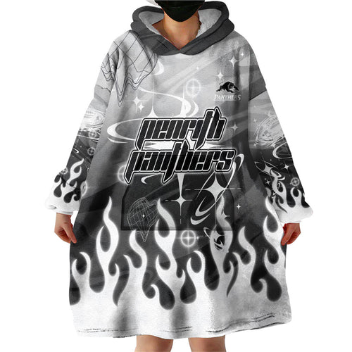 Personalized Penrith Panthers Wearable Blanket Hoodie Y2K Grunge Aesthetic With Cyber Flames and Starburst Graphics