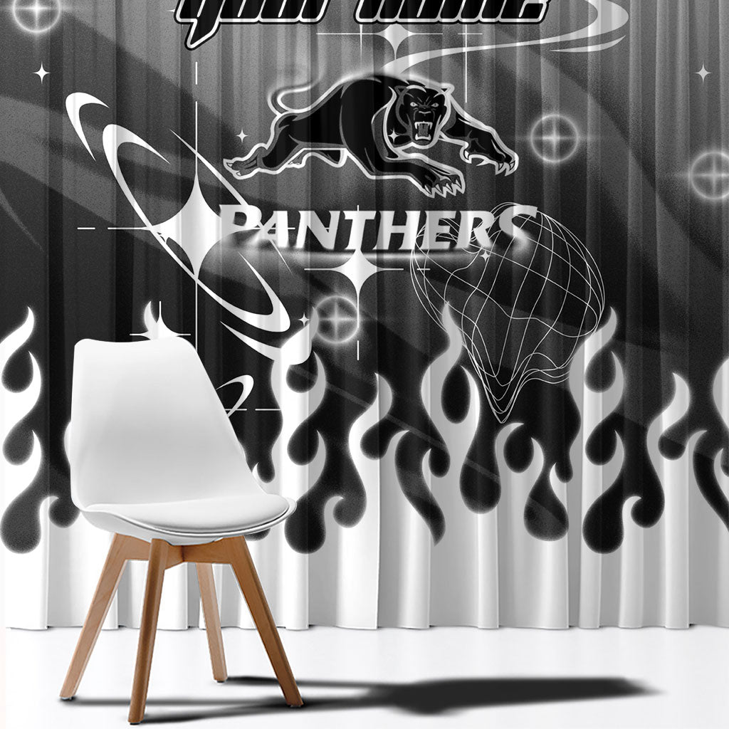 Personalized Penrith Panthers Window Curtain Y2K Grunge Aesthetic With Cyber Flames and Starburst Graphics
