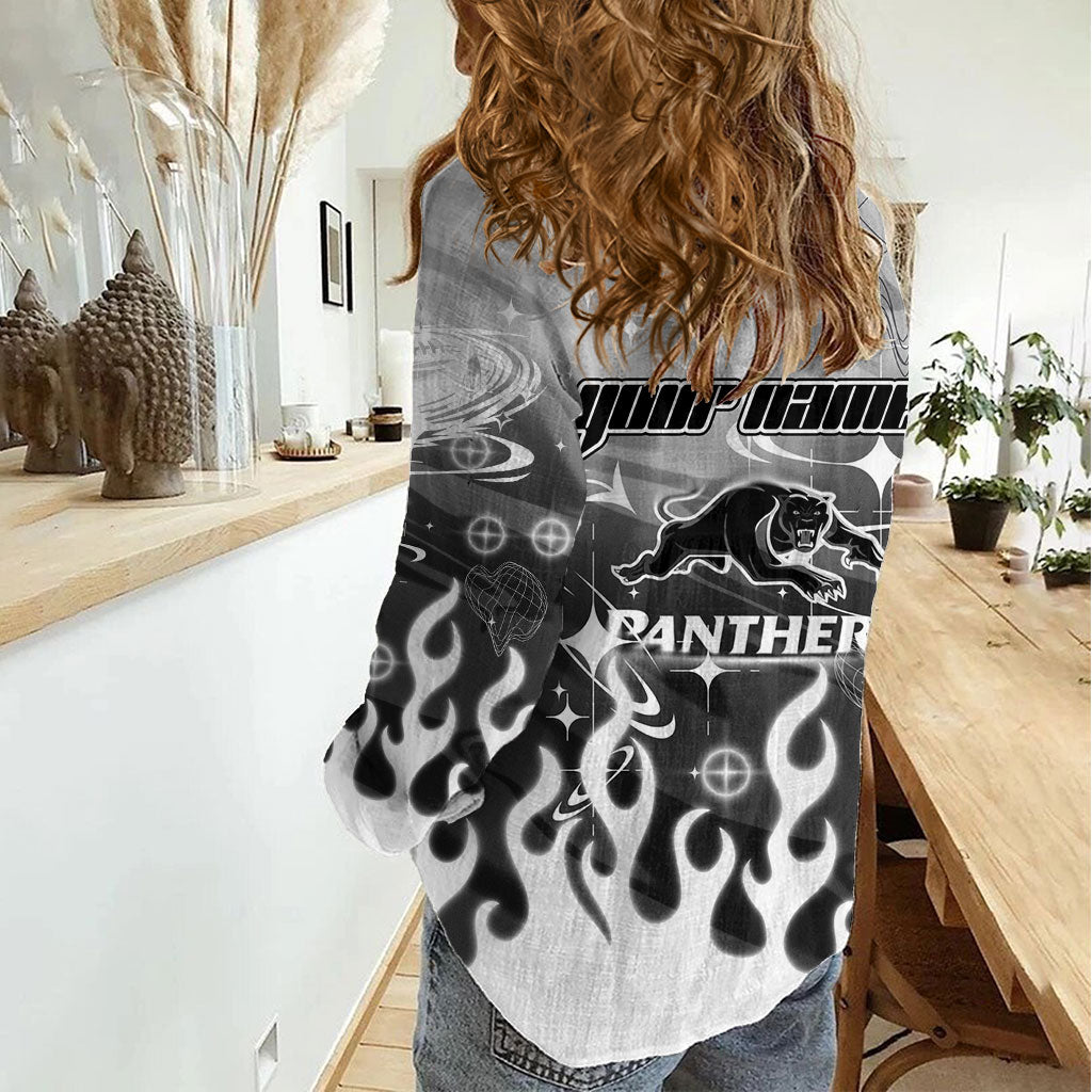 Personalized Penrith Panthers Women Casual Shirt Y2K Grunge Aesthetic With Cyber Flames and Starburst Graphics