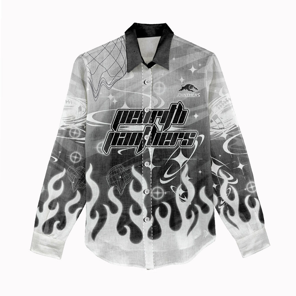 Personalized Penrith Panthers Women Casual Shirt Y2K Grunge Aesthetic With Cyber Flames and Starburst Graphics