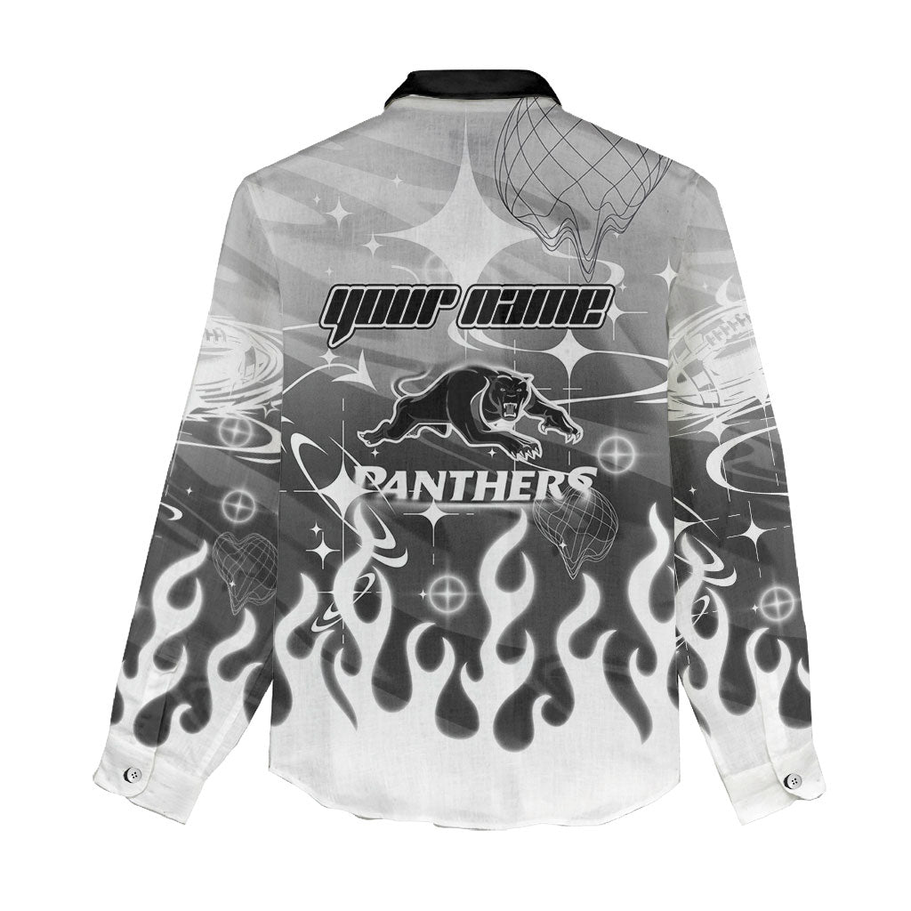 Personalized Penrith Panthers Women Casual Shirt Y2K Grunge Aesthetic With Cyber Flames and Starburst Graphics