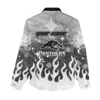 Personalized Penrith Panthers Women Casual Shirt Y2K Grunge Aesthetic With Cyber Flames and Starburst Graphics