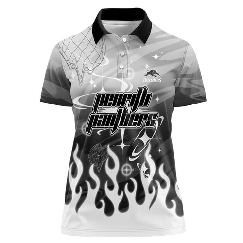 Personalized Penrith Panthers Women Polo Shirt Y2K Grunge Aesthetic With Cyber Flames and Starburst Graphics