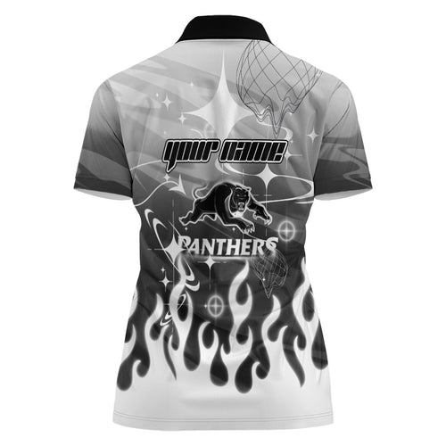 Personalized Penrith Panthers Women Polo Shirt Y2K Grunge Aesthetic With Cyber Flames and Starburst Graphics
