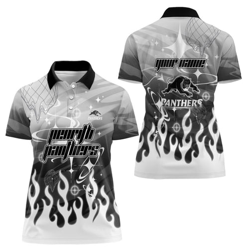 Personalized Penrith Panthers Women Polo Shirt Y2K Grunge Aesthetic With Cyber Flames and Starburst Graphics