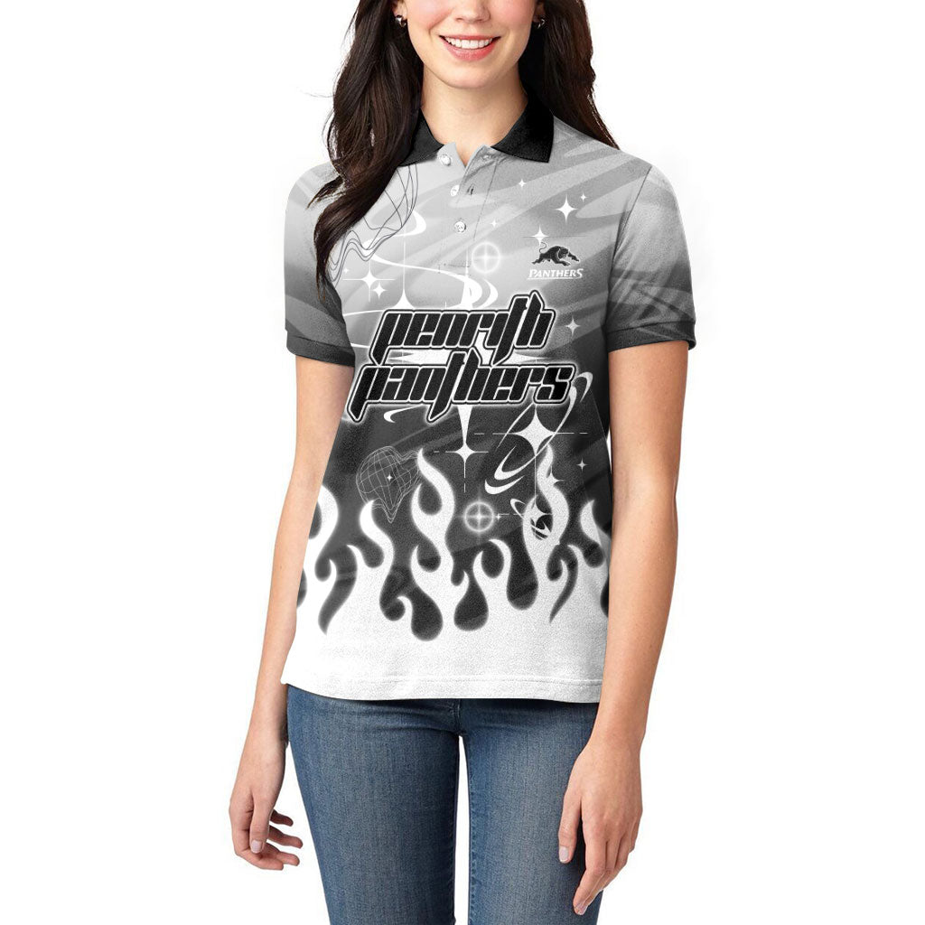 Personalized Penrith Panthers Women Polo Shirt Y2K Grunge Aesthetic With Cyber Flames and Starburst Graphics