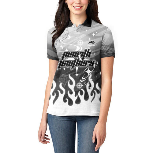 Personalized Penrith Panthers Women Polo Shirt Y2K Grunge Aesthetic With Cyber Flames and Starburst Graphics