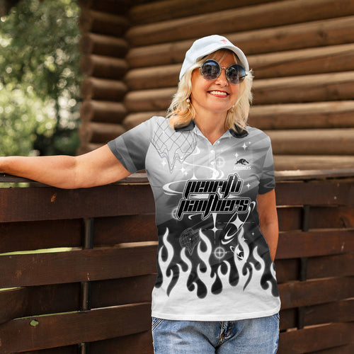 Personalized Penrith Panthers Women Polo Shirt Y2K Grunge Aesthetic With Cyber Flames and Starburst Graphics