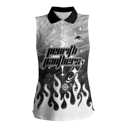 Personalized Penrith Panthers Women Sleeveless Polo Shirt Y2K Grunge Aesthetic With Cyber Flames and Starburst Graphics