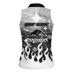 Personalized Penrith Panthers Women Sleeveless Polo Shirt Y2K Grunge Aesthetic With Cyber Flames and Starburst Graphics