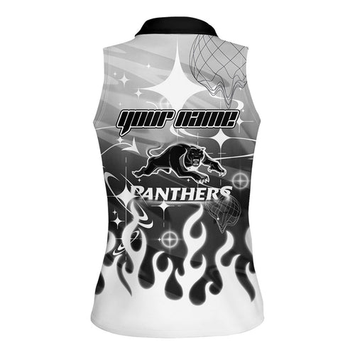 Personalized Penrith Panthers Women Sleeveless Polo Shirt Y2K Grunge Aesthetic With Cyber Flames and Starburst Graphics