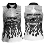 Personalized Penrith Panthers Women Sleeveless Polo Shirt Y2K Grunge Aesthetic With Cyber Flames and Starburst Graphics