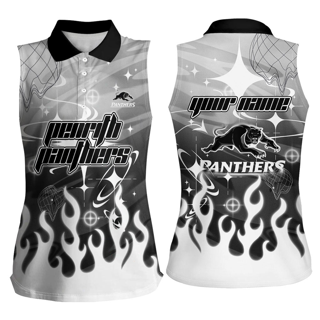 Personalized Penrith Panthers Women Sleeveless Polo Shirt Y2K Grunge Aesthetic With Cyber Flames and Starburst Graphics