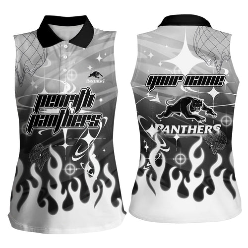 Personalized Penrith Panthers Women Sleeveless Polo Shirt Y2K Grunge Aesthetic With Cyber Flames and Starburst Graphics