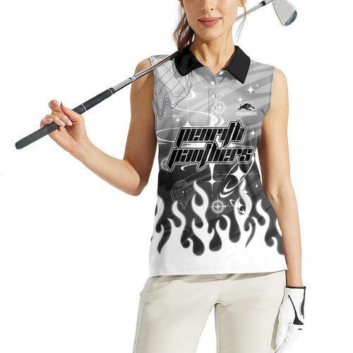 Personalized Penrith Panthers Women Sleeveless Polo Shirt Y2K Grunge Aesthetic With Cyber Flames and Starburst Graphics