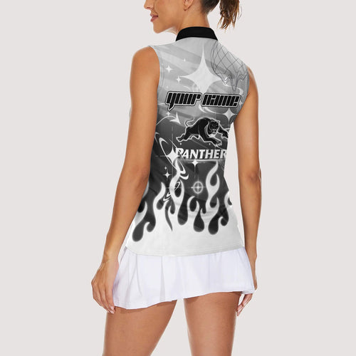Personalized Penrith Panthers Women Sleeveless Polo Shirt Y2K Grunge Aesthetic With Cyber Flames and Starburst Graphics