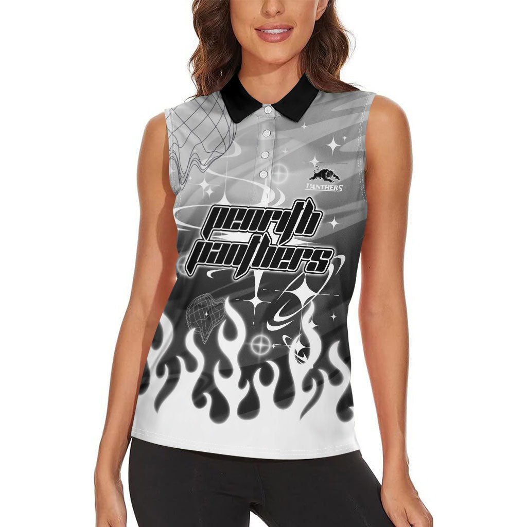 Personalized Penrith Panthers Women Sleeveless Polo Shirt Y2K Grunge Aesthetic With Cyber Flames and Starburst Graphics