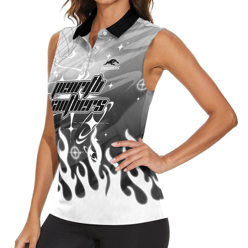 Personalized Penrith Panthers Women Sleeveless Polo Shirt Y2K Grunge Aesthetic With Cyber Flames and Starburst Graphics