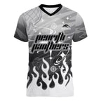 Personalized Penrith Panthers Women V-Neck T-Shirt Y2K Grunge Aesthetic With Cyber Flames and Starburst Graphics