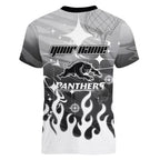 Personalized Penrith Panthers Women V-Neck T-Shirt Y2K Grunge Aesthetic With Cyber Flames and Starburst Graphics