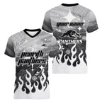 Personalized Penrith Panthers Women V-Neck T-Shirt Y2K Grunge Aesthetic With Cyber Flames and Starburst Graphics