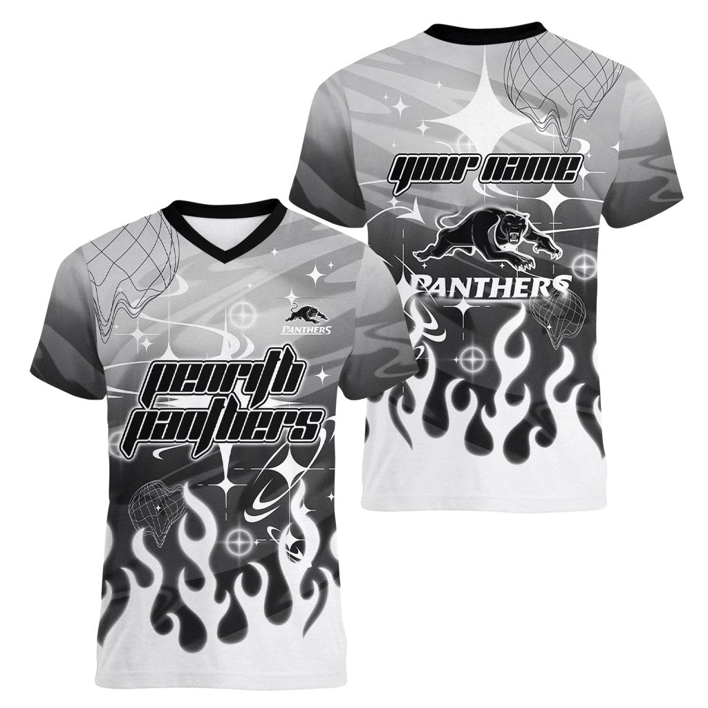 Personalized Penrith Panthers Women V-Neck T-Shirt Y2K Grunge Aesthetic With Cyber Flames and Starburst Graphics
