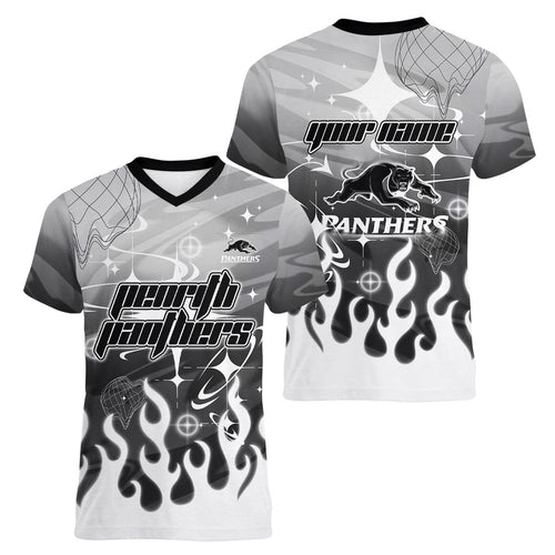 Personalized Penrith Panthers Women V-Neck T-Shirt Y2K Grunge Aesthetic With Cyber Flames and Starburst Graphics