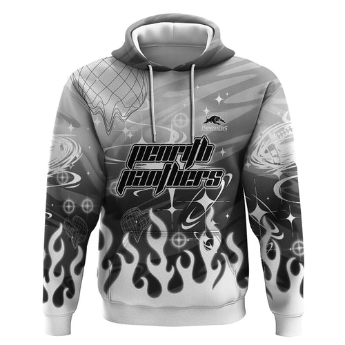 Personalized Penrith Panthers Zip Hoodie Y2K Grunge Aesthetic With Cyber Flames and Starburst Graphics