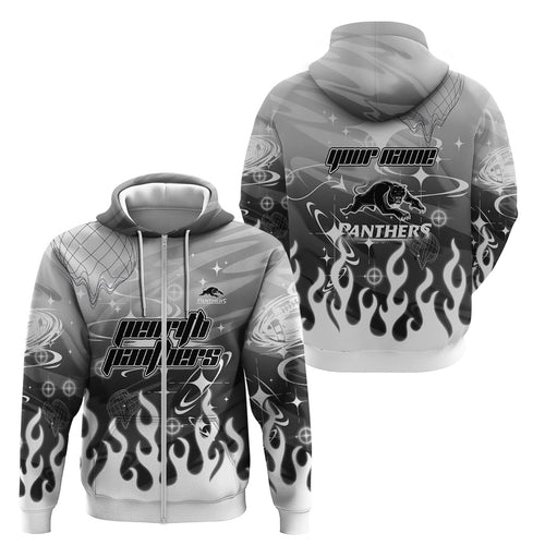Personalized Penrith Panthers Zip Hoodie Y2K Grunge Aesthetic With Cyber Flames and Starburst Graphics