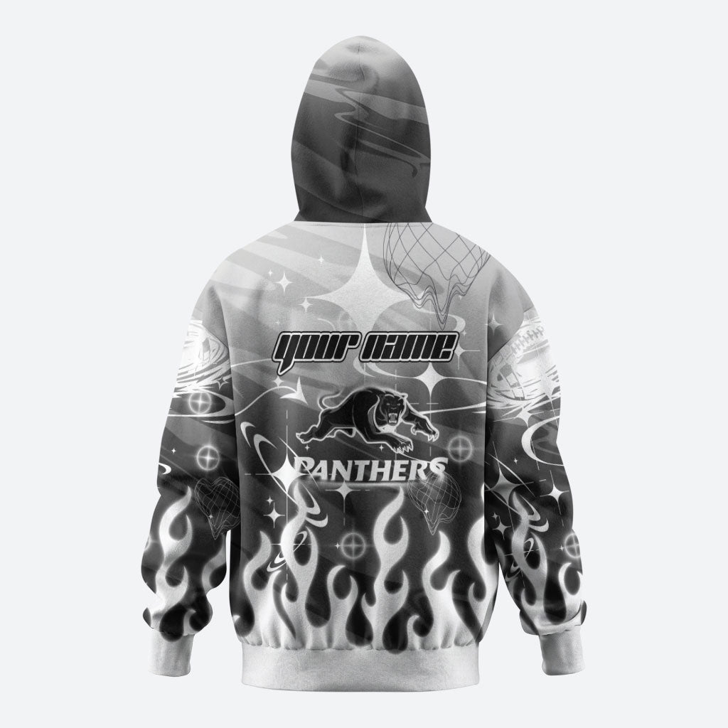 Personalized Penrith Panthers Zip Hoodie Y2K Grunge Aesthetic With Cyber Flames and Starburst Graphics