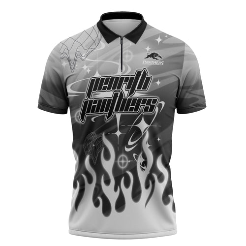 Personalized Penrith Panthers Zipper Polo Shirt Y2K Grunge Aesthetic With Cyber Flames and Starburst Graphics