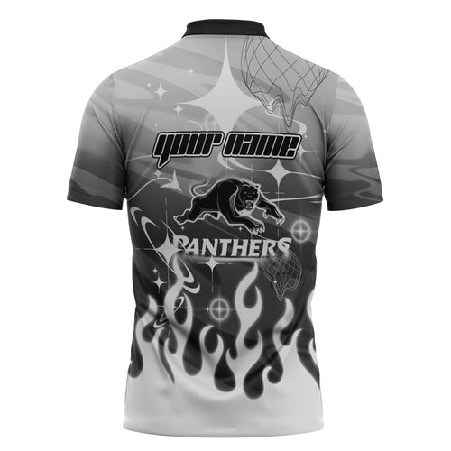Personalized Penrith Panthers Zipper Polo Shirt Y2K Grunge Aesthetic With Cyber Flames and Starburst Graphics