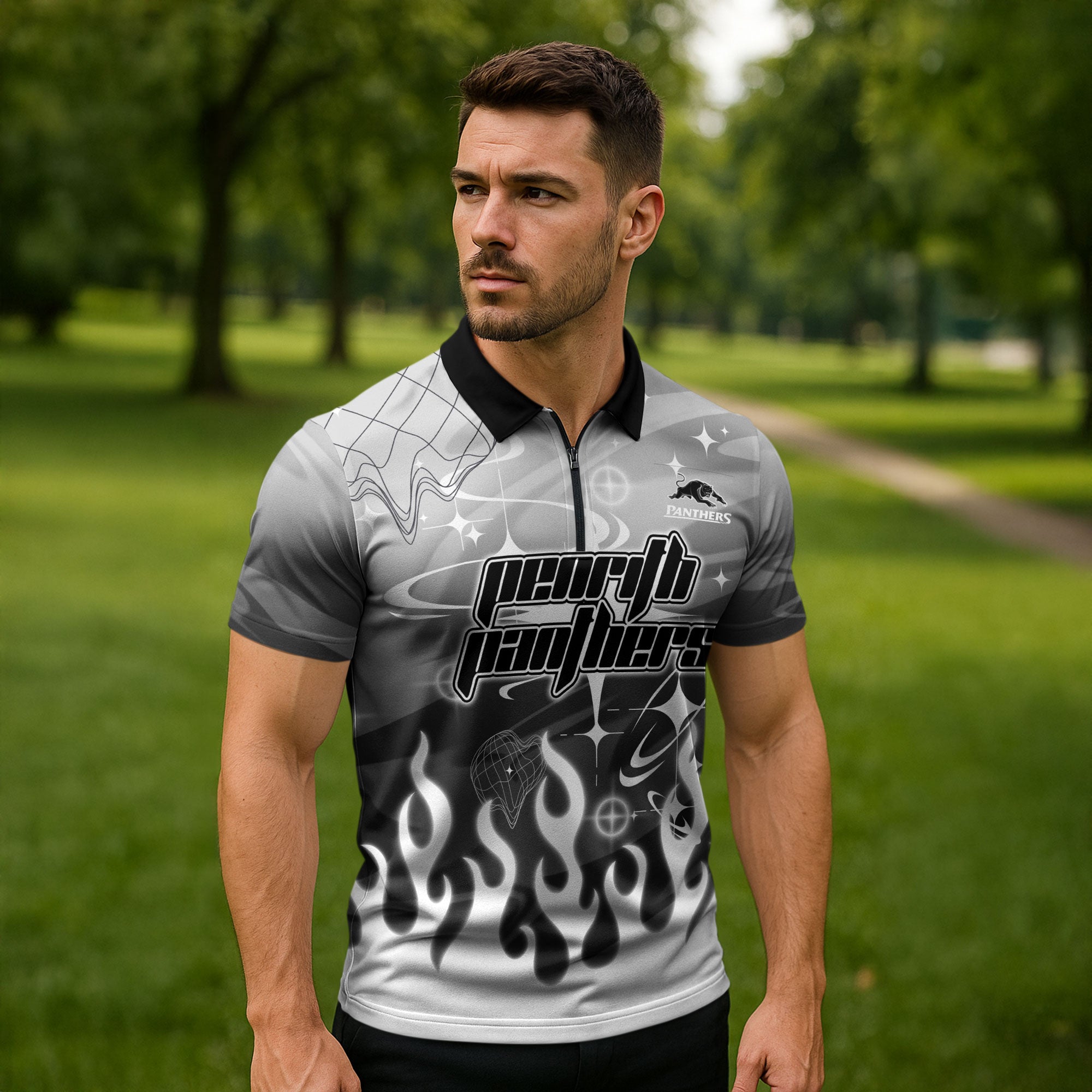 Personalized Penrith Panthers Zipper Polo Shirt Y2K Grunge Aesthetic With Cyber Flames and Starburst Graphics