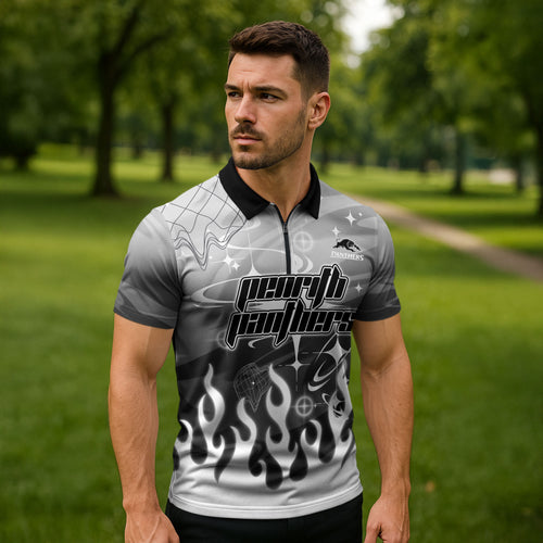 Personalized Penrith Panthers Zipper Polo Shirt Y2K Grunge Aesthetic With Cyber Flames and Starburst Graphics