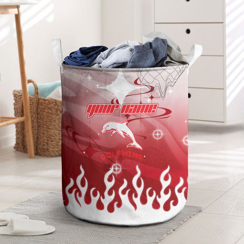 Personalized Dolphins Laundry Basket Y2K Grunge Aesthetic With Cyber Flames and Starburst Graphics