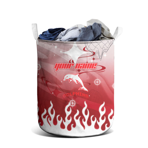 Personalized Dolphins Laundry Basket Y2K Grunge Aesthetic With Cyber Flames and Starburst Graphics