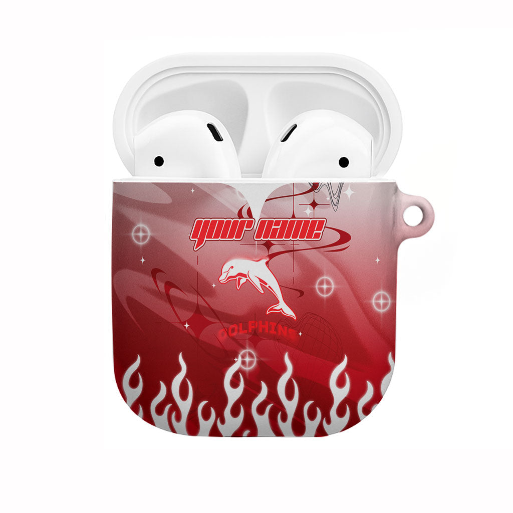 Personalized Dolphins AirPods Case Y2K Grunge Aesthetic With Cyber Flames and Starburst Graphics