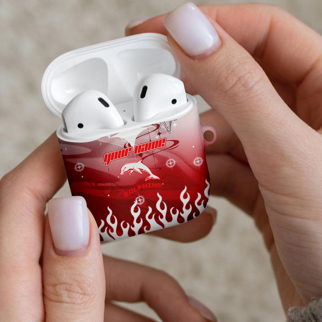 Personalized Dolphins AirPods Case Y2K Grunge Aesthetic With Cyber Flames and Starburst Graphics