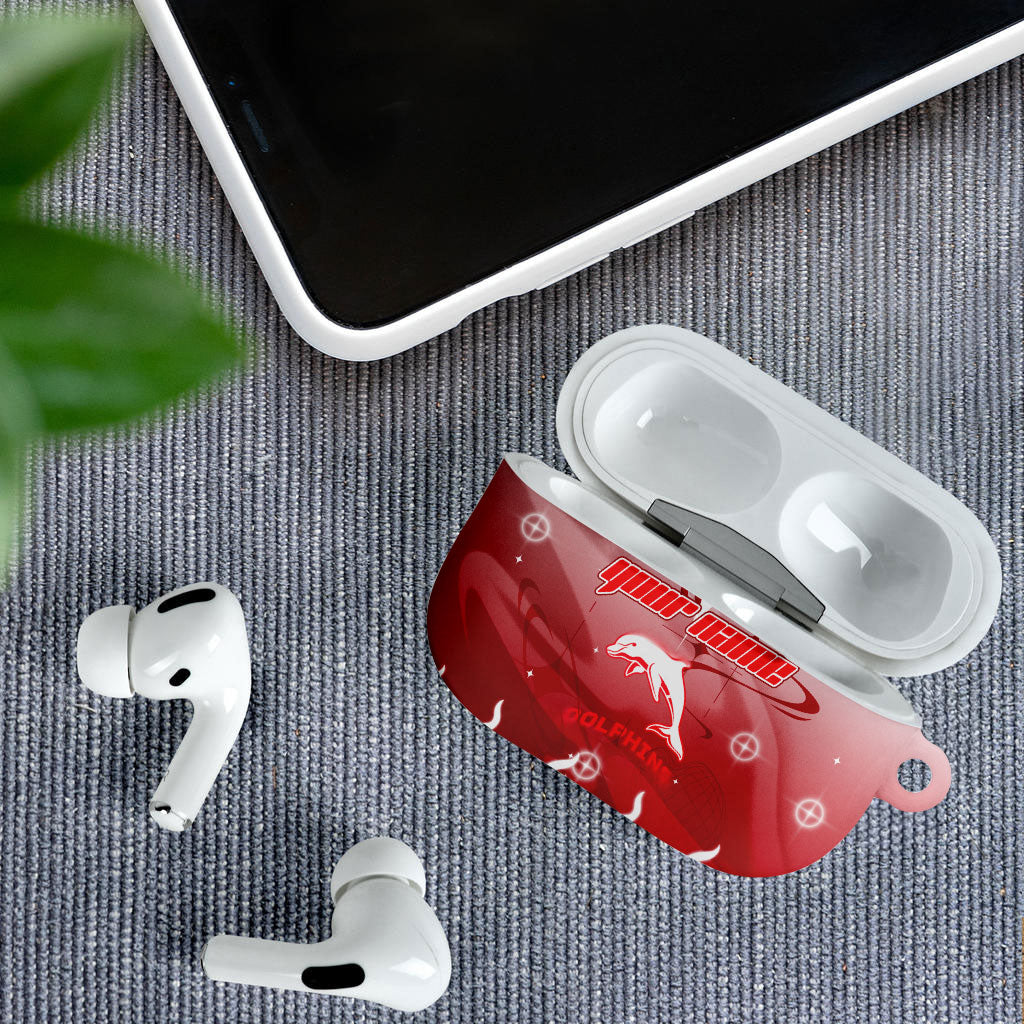 Personalized Dolphins AirPods Case Y2K Grunge Aesthetic With Cyber Flames and Starburst Graphics