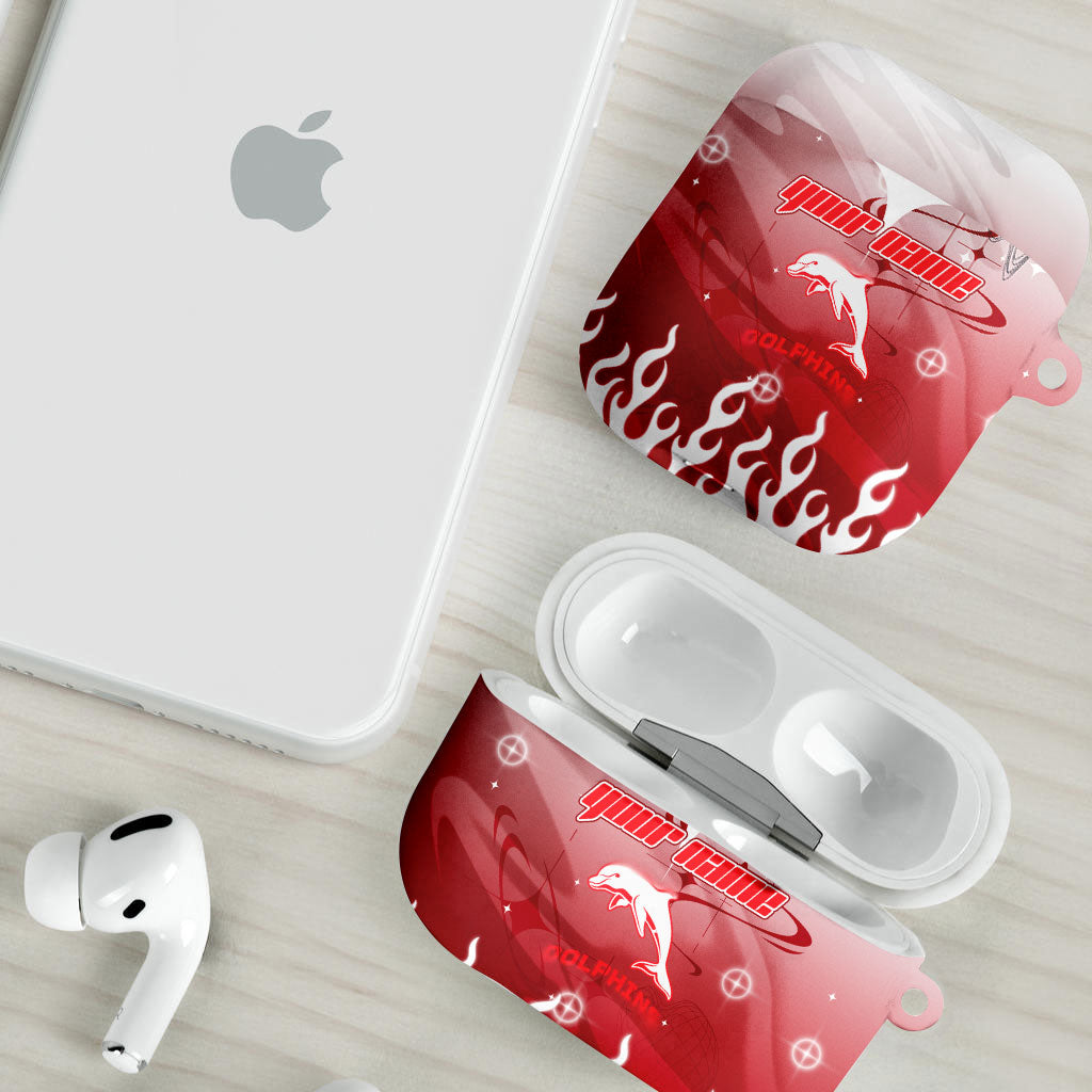Personalized Dolphins AirPods Case Y2K Grunge Aesthetic With Cyber Flames and Starburst Graphics