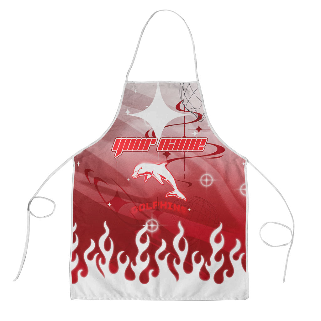 Personalized Dolphins Apron Y2K Grunge Aesthetic With Cyber Flames and Starburst Graphics