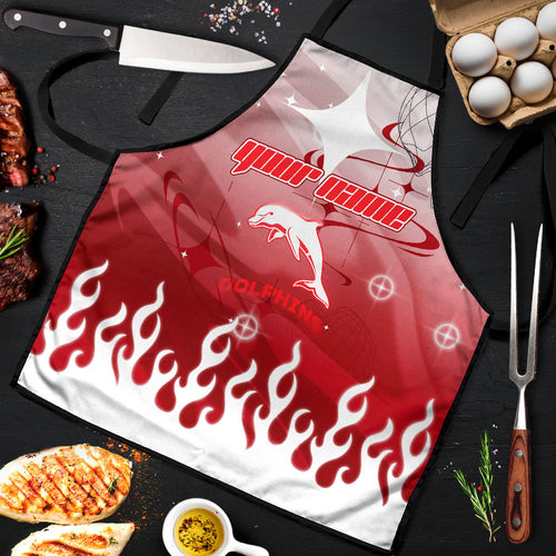 Personalized Dolphins Apron Y2K Grunge Aesthetic With Cyber Flames and Starburst Graphics