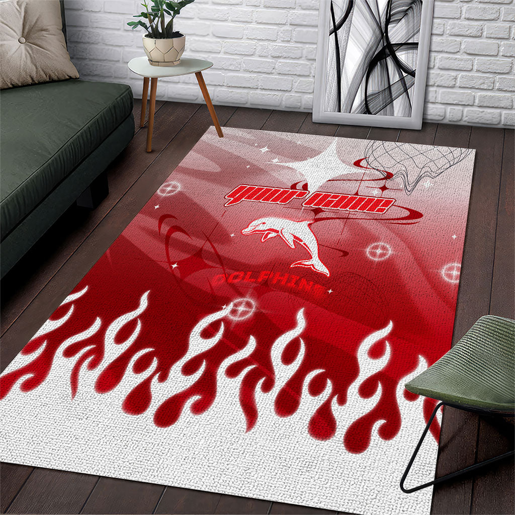Personalized Dolphins Area Rug Y2K Grunge Aesthetic With Cyber Flames and Starburst Graphics