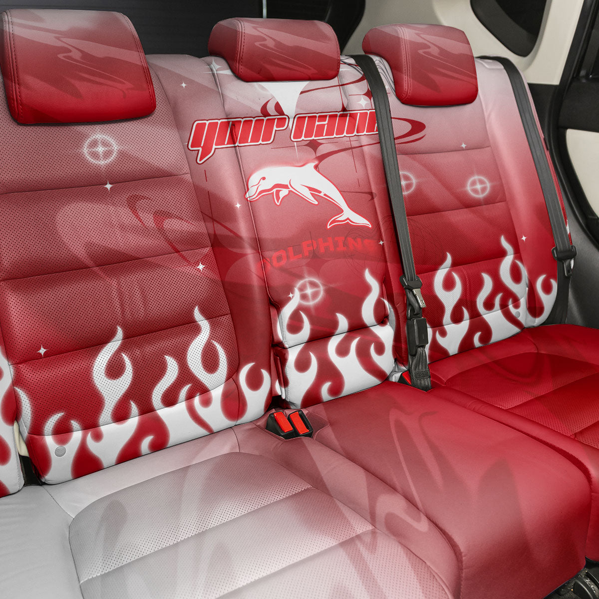 Personalized Dolphins Back Car Seat Cover Y2K Grunge Aesthetic With Cyber Flames and Starburst Graphics