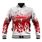 Personalized Dolphins Baseball Jacket Y2K Grunge Aesthetic With Cyber Flames and Starburst Graphics