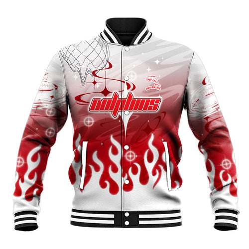 Personalized Dolphins Baseball Jacket Y2K Grunge Aesthetic With Cyber Flames and Starburst Graphics
