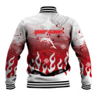 Personalized Dolphins Baseball Jacket Y2K Grunge Aesthetic With Cyber Flames and Starburst Graphics