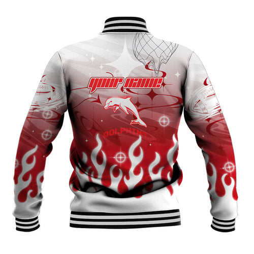 Personalized Dolphins Baseball Jacket Y2K Grunge Aesthetic With Cyber Flames and Starburst Graphics