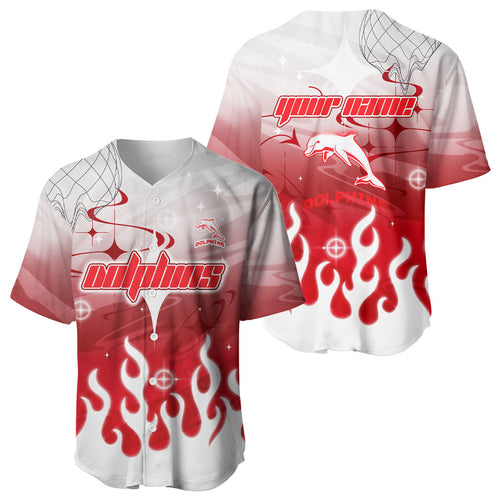 Personalized Dolphins Baseball Jersey Y2K Grunge Aesthetic With Cyber Flames and Starburst Graphics