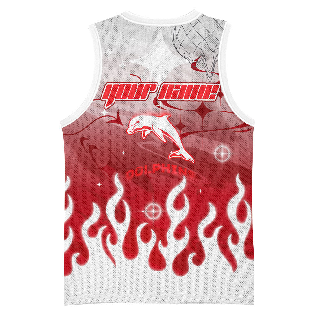 Personalized Dolphins Basketball Jersey Y2K Grunge Aesthetic With Cyber Flames and Starburst Graphics